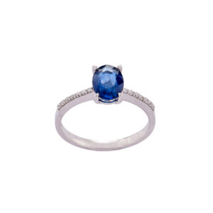 Anel Brilhante e Safira azul  Oval Au Branco