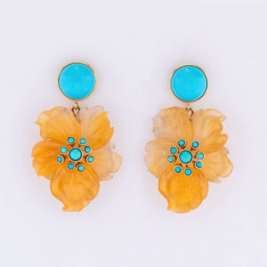Brinco Flor em ouro amarelo Ambar e Turquesas